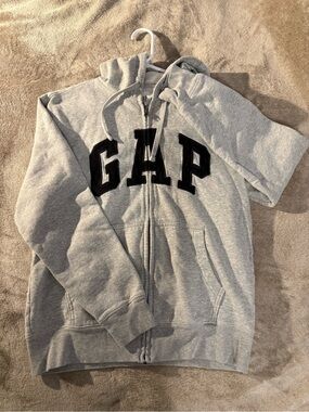 GAP - Light Gray Full-Zip Hoodie with Black Lettering